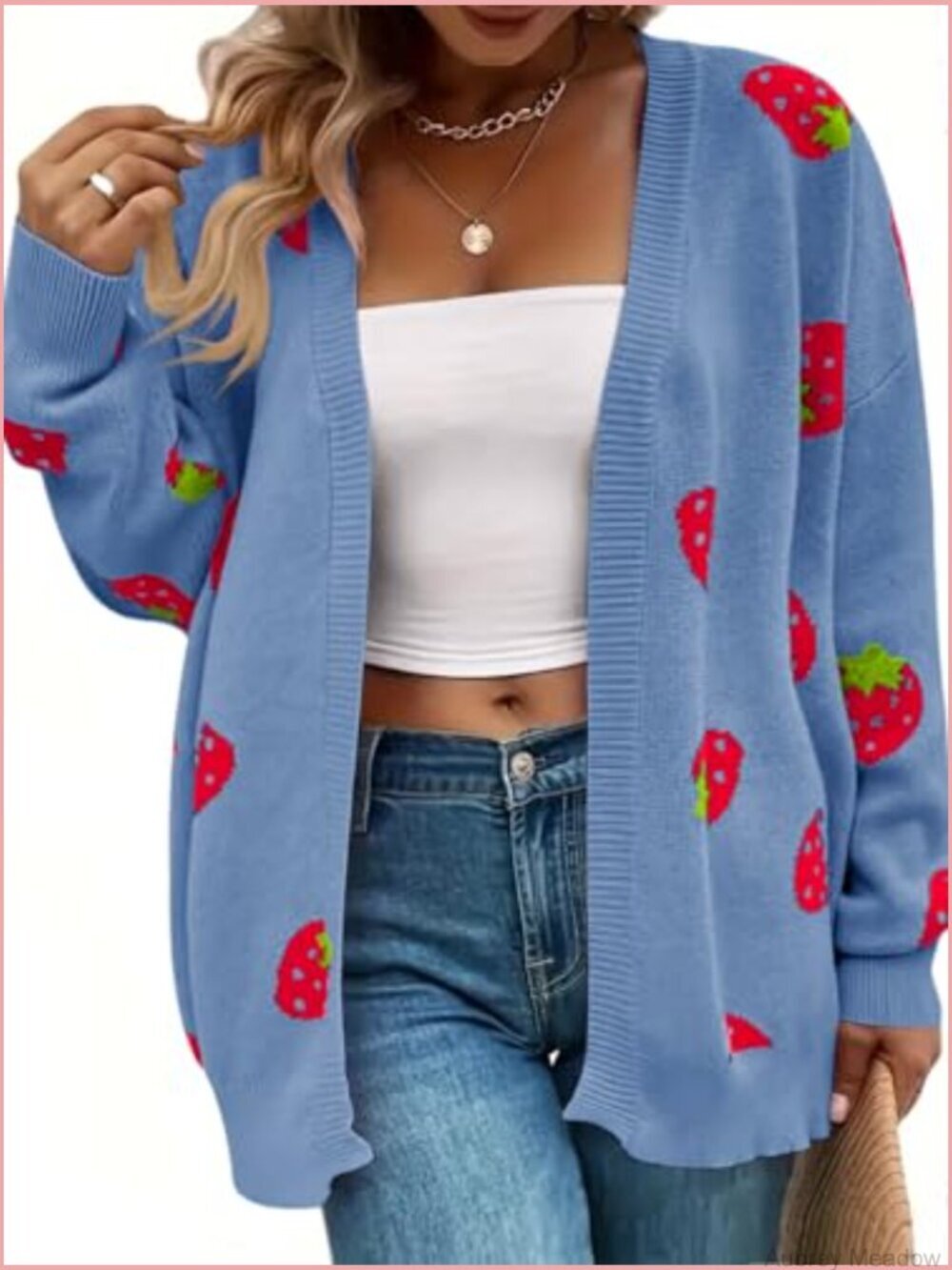 Plus Size Strawberry Floral Print Open Front Knit Cardigan Sweater - Picture 2 of 5